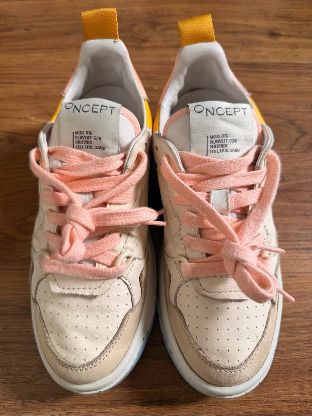 ONCEPT Women’s Cream Sneakers with Soft Pink Accents, Size 6.5